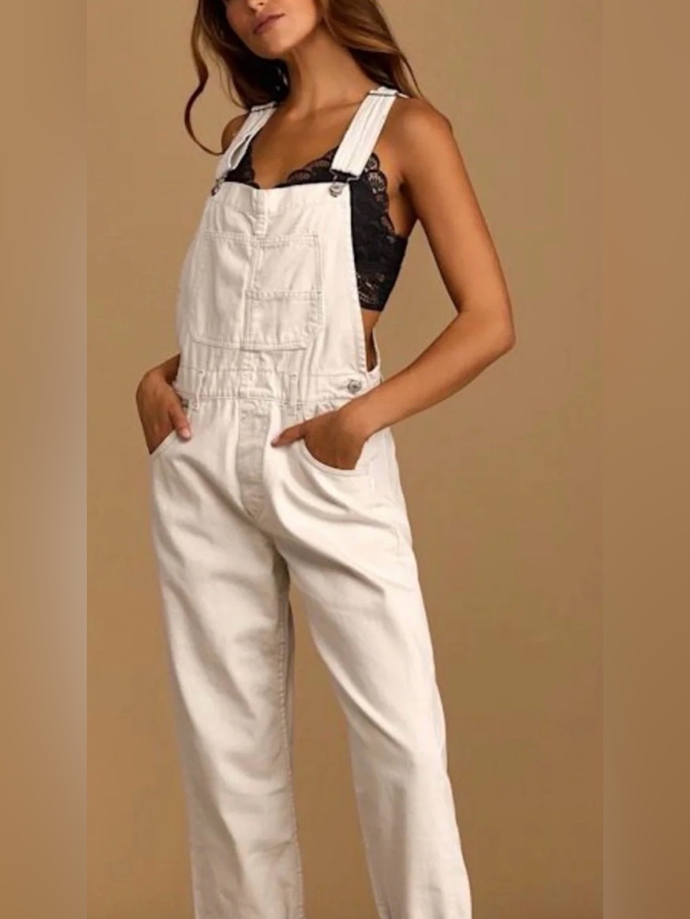 Free People Women's Ziggy Denim Overalls color parchment Sz Large